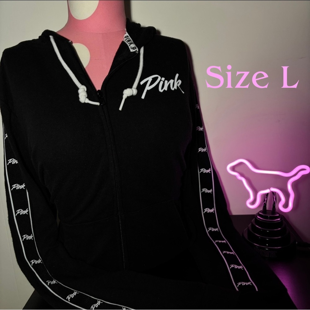 PINK Victoria's Secret Black Zip Hoodie with White Logo